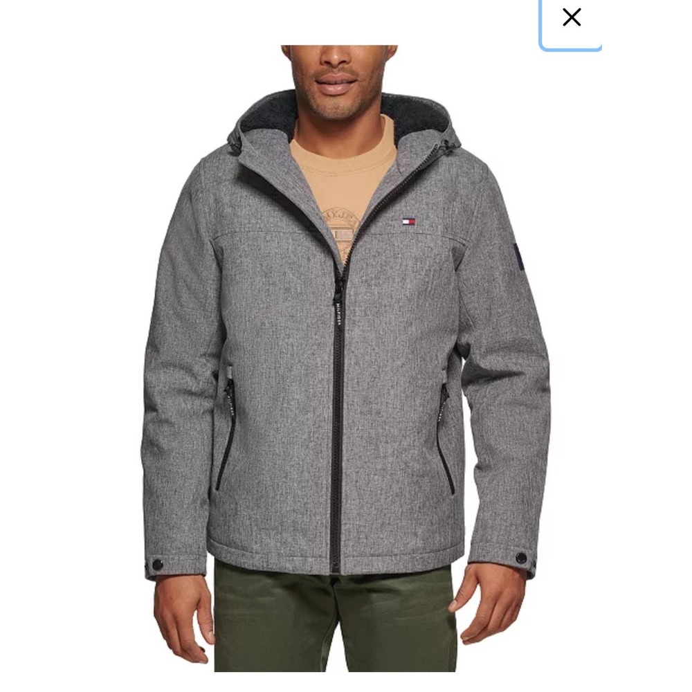 Tommy Hilfiger Mens Softshell Hooded Jacket Grey Heather Fleece Lined Full Zip‎